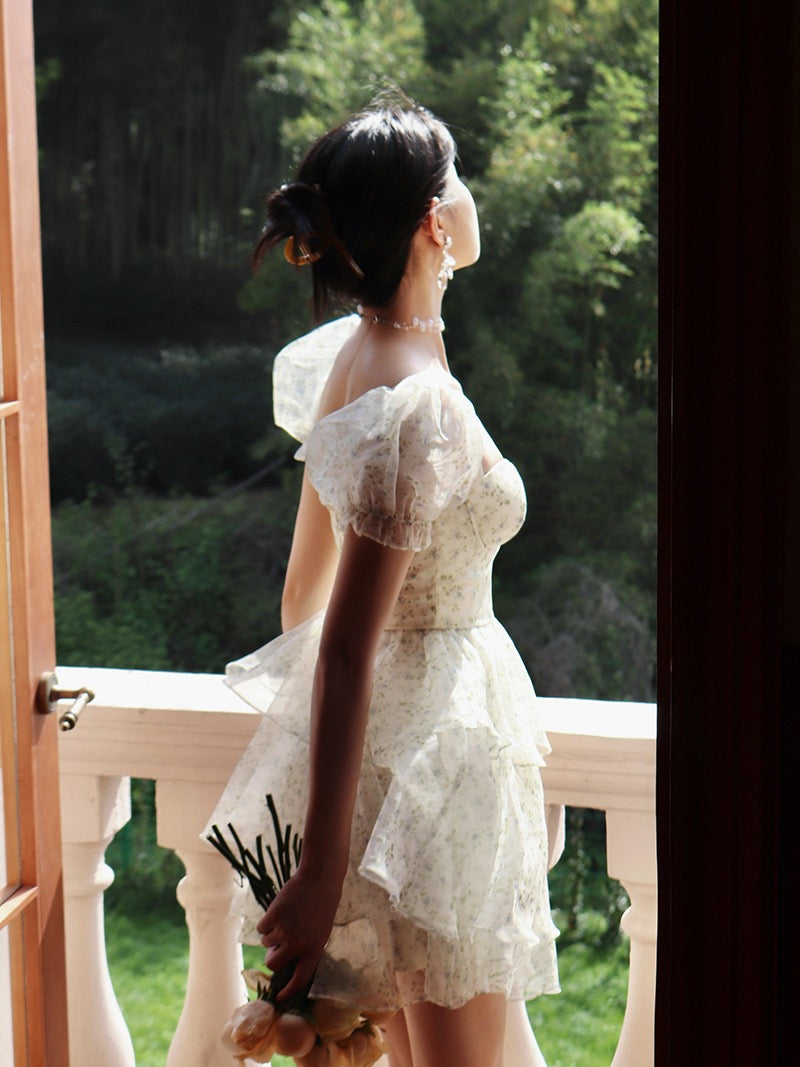 Thirteen and Little Floral Dress Female Summer Temperament Square Neck Short Puff Sleeve Princess Petit Skirt Cake Dress