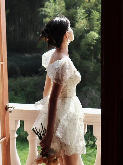 Thirteen and Little Floral Dress Female Summer Temperament Square Neck Short Puff Sleeve Princess Petit Skirt Cake Dress