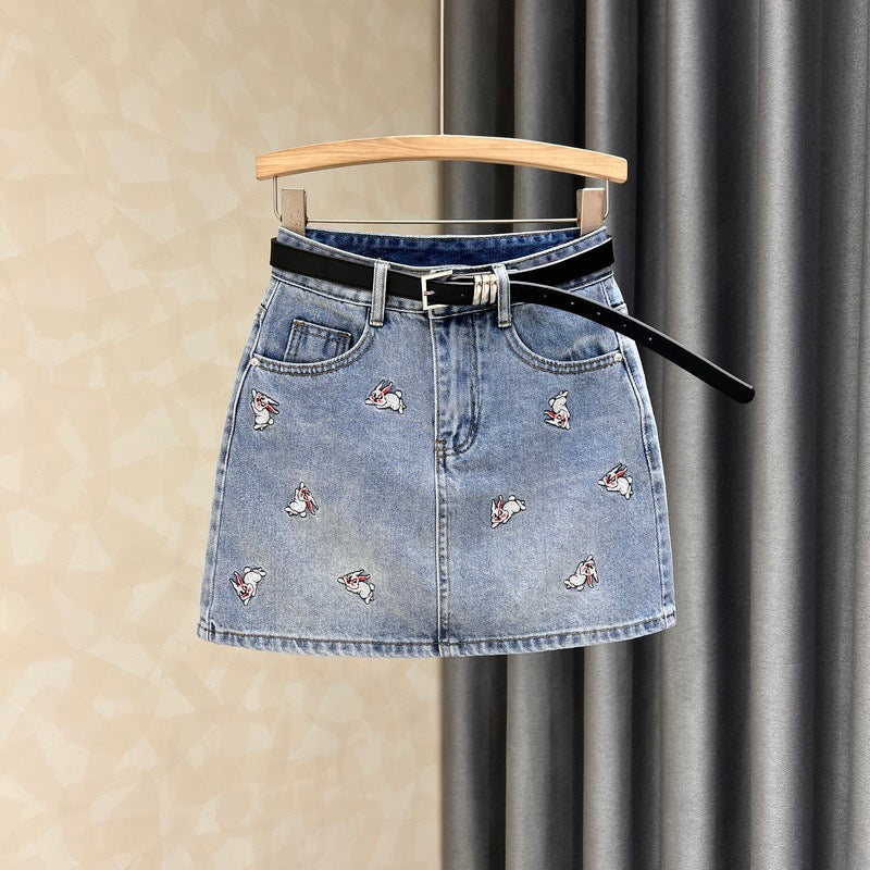2023 New Rabbit Embroidery Denim Skirt Women's Summer All-match Age-Reducing Cotton High Waist A-line Bag Hip Skirt