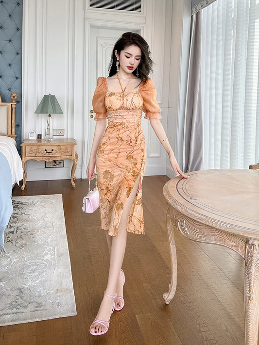 Elegant small fresh floral beautiful tea break dress with waist mesh gauze celebrity style slit puff sleeves bag hip skirt for women