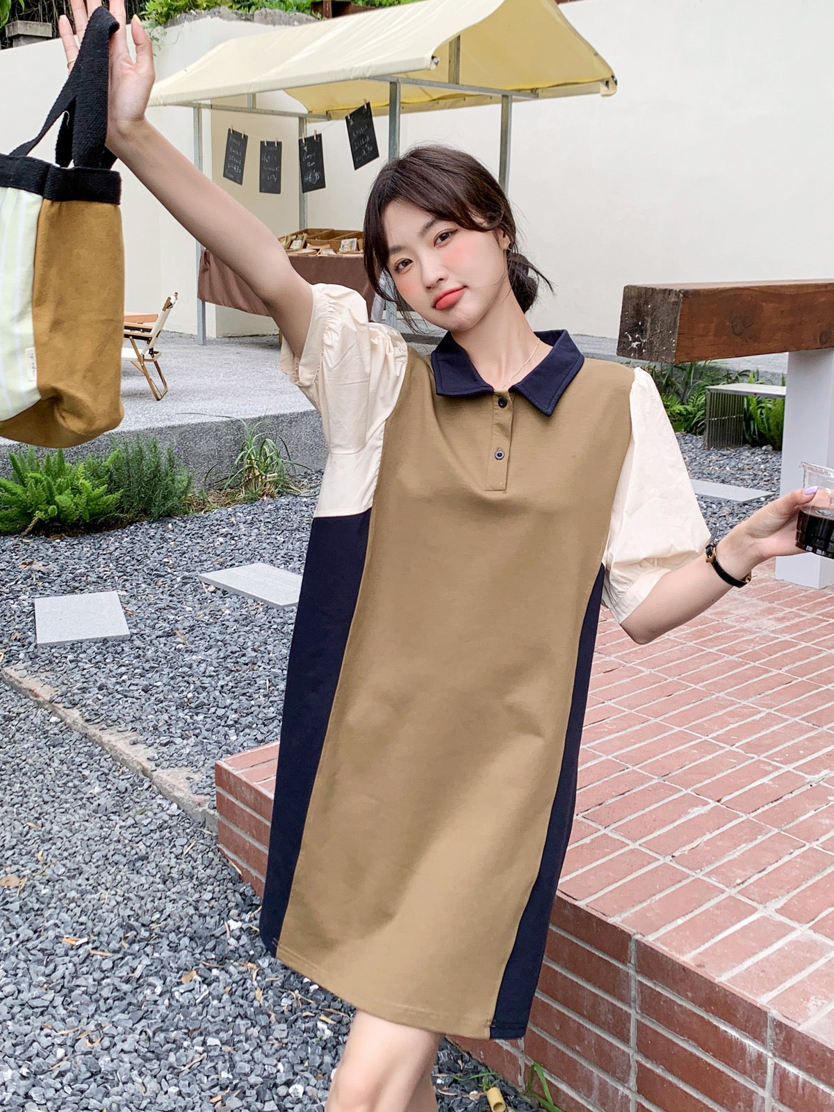 Stitching contrast color French dress female summer 2023 new design college style small casual polo skirt