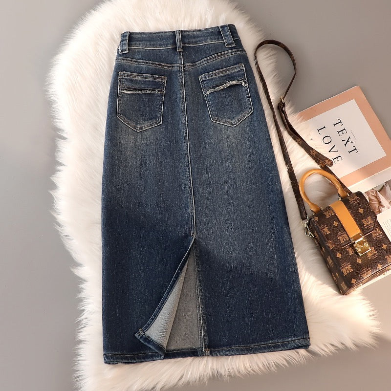 Rear slit denim skirt women's spring and summer new high-waisted pear-shaped figure covering hips and knees mid-length wrap hip skirt