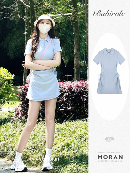 Sweet and spicy wind waist shirt polo skirt summer milk blue college style dress femininity looks thin and small