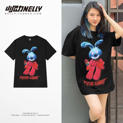 Tide brand short-sleeved t-shirt men and women 2023 summer new Japanese cartoon rabbit loose couple students half-sleeved T-shirt