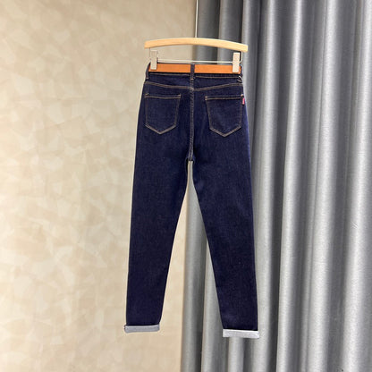 Washed blue skinny jeans women's 2023 new style slim and thin simple retro high waist pencil pants long trousers