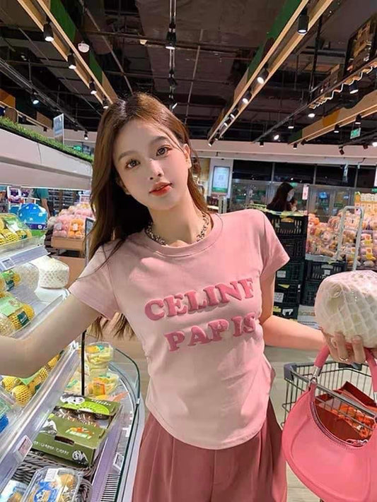 Foam letter short-sleeved T-shirt women's summer 2023 new slim fit short pleated design bottoming shirt top