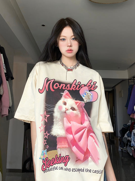 BabyStudios 2023 summer cat print t-shirt half-sleeved loose American sweet cool short-sleeved top ins
