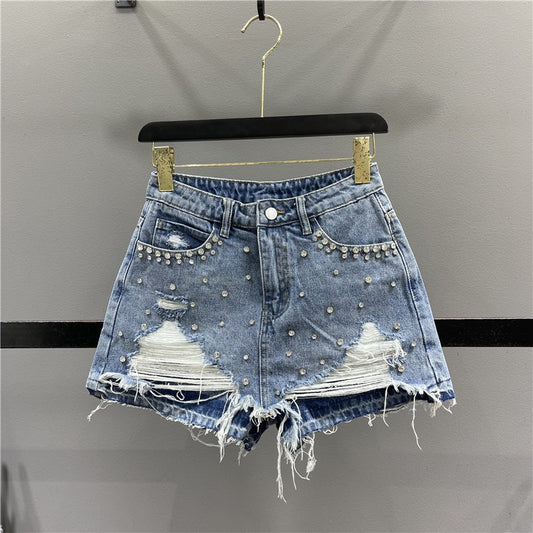 2023 summer new foreign style diamond-studded ripped denim skirt women's A-line culottes high waist slim wrap hip skirt