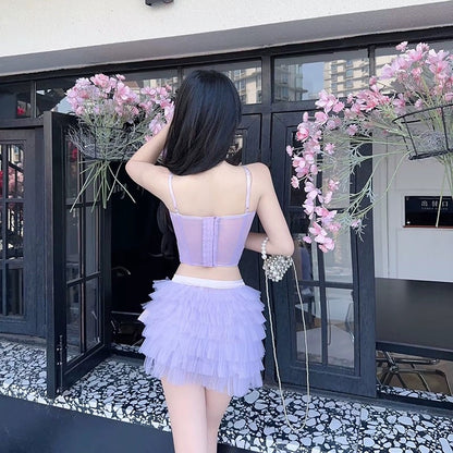 Sexy lace sling corsage fish bone see-through top + straps fluffy ballet cake skirt two-piece set 3039