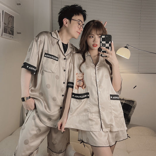 2022 new couple pajamas women's summer ice silk short-sleeved thin section men's summer can wear home clothes suit