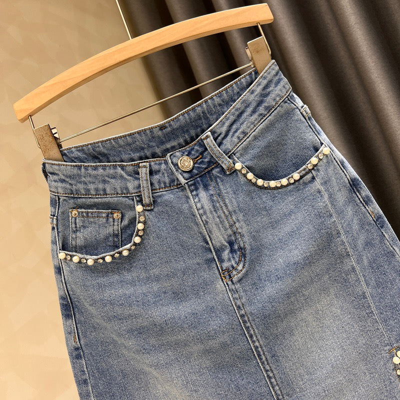 European station heavy industry beaded denim skirt women's summer new irregular rough edge retro high waist bag hip skirt