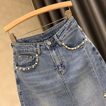 European station heavy industry beaded denim skirt women's summer new irregular rough edge retro high waist bag hip skirt