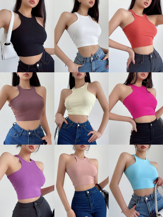 liviahome European and American hot girls slim elastic backless racer vest women's solid color short sports inner top