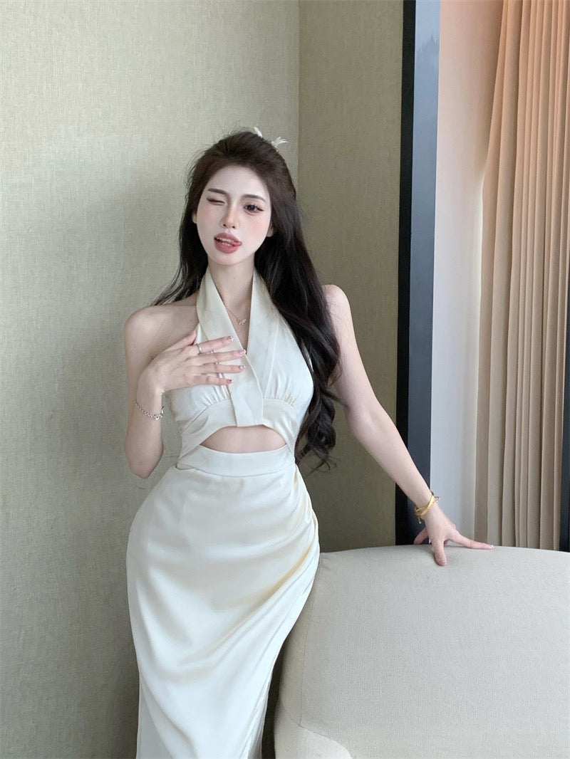French satin halter neck strap dress women's summer temperament celebrity skirt hollow slit bag hip skirt long skirt