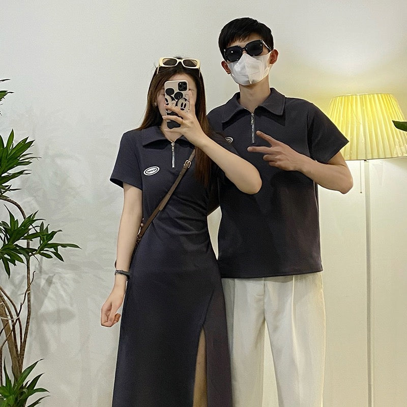 Couple wear summer new one skirt one high-quality Korean version short-sleeved polo shirt dress casual slim long skirt
