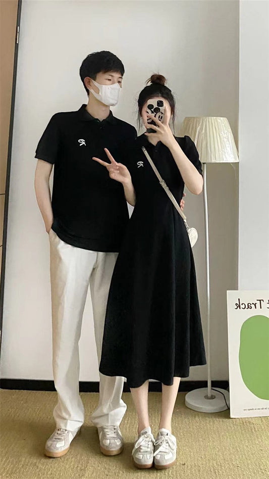 Niche design sense couple outfit summer 2023 Korean version short-sleeved T-shirt female dress French one skirt one clothes ins tide