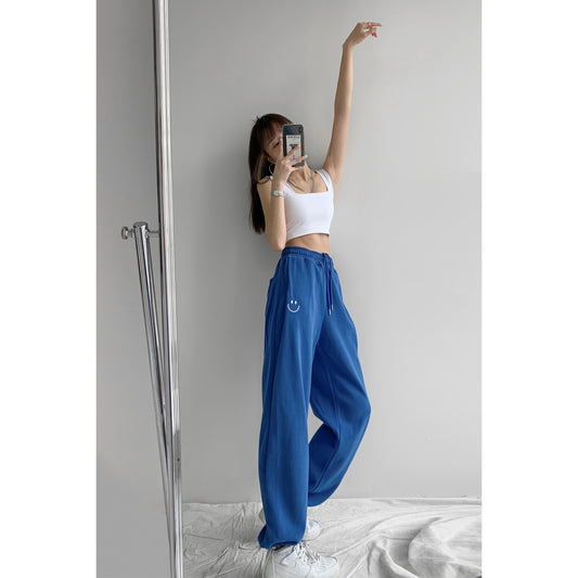 Self-made smiley face embroidery loose casual leggings women's 2023 spring and autumn slim sports pants all-match high-waisted sweatpants