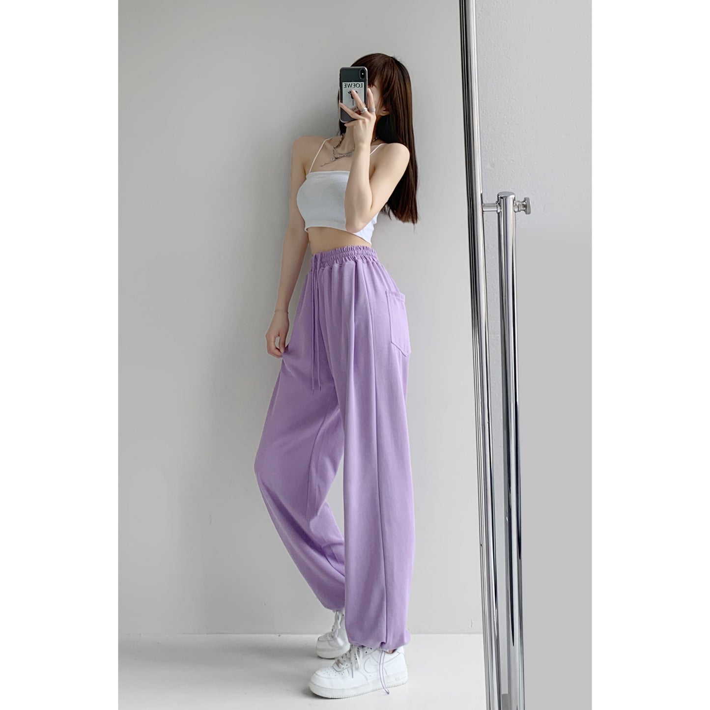 Hot girl blogger style loose sports pants women's spring and summer new slim drawstring leggings high waist casual straight leg pants