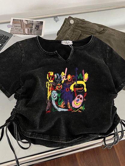 American-style old-fashioned short-sleeved t-shirt women's summer loose and thin T-shirt short drawstring hot girl tops sisters girlfriends