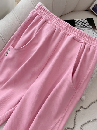 Casual sports suit women's summer 2023 new fashion slim embroidery short top pink wide-leg pants two-piece set