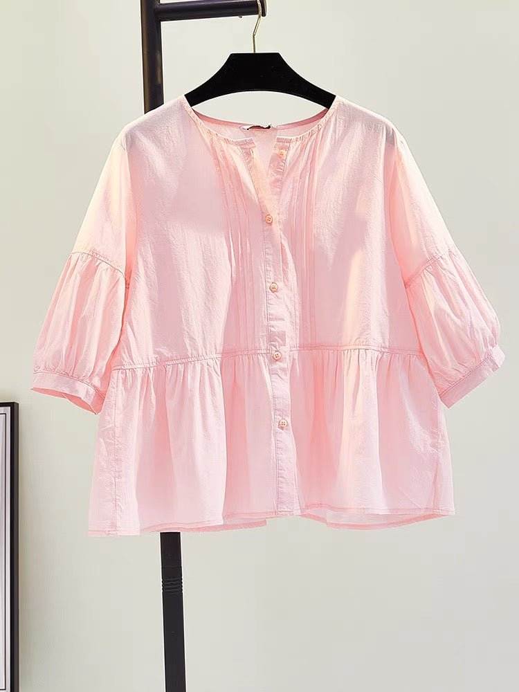 Round neck pink lantern sleeve doll shirt female 2023 summer new Korean fan art loose casual shirt shirt top