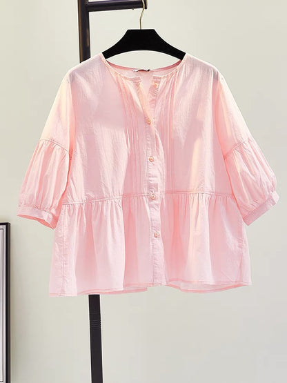 Round neck pink lantern sleeve doll shirt female 2023 summer new Korean fan art loose casual shirt shirt top