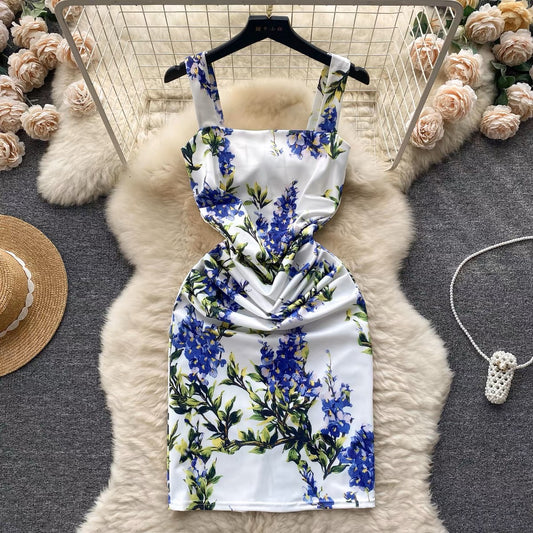 Korean chic summer temperament celebrity style printed suspender dress female pleated waist was thin bag hip hot girl skirt
