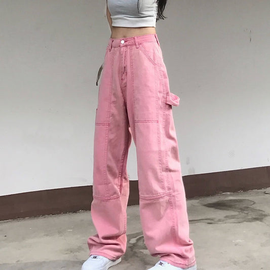 High street retro pink vibe loose wide-leg denim pants women's trendy all-match straight-leg pants spring mopping trousers