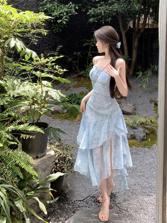 Floral chiffon sling dress women's summer super fairy ruffled irregular long skirt waist slit blue skirt