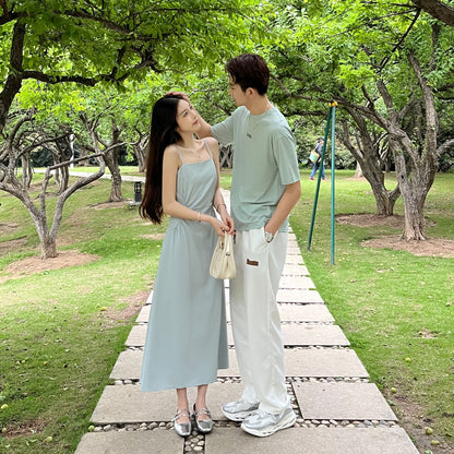 High-end couple wear summer clothes niche ins short-sleeved T-shirt women's suspenders chiffon dress two-piece suit one skirt and one suit