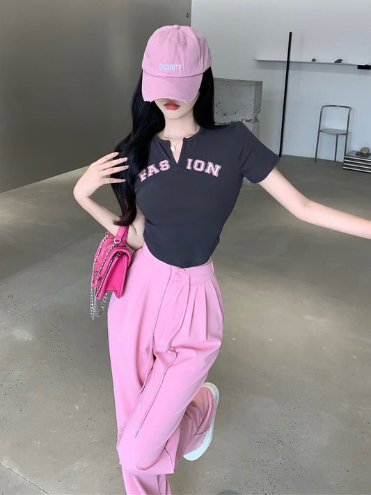 Internet celebrity fashion short-sleeved suit women's summer 2023 casual short high-waist wide-leg pants two-piece suit trendy brand western style sports