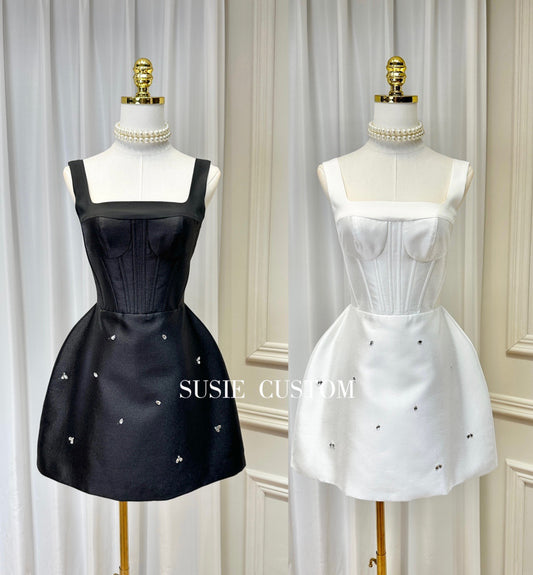 High-definition niche design generous collar three-dimensional breast-shaped fishbone waist A-line flower bud rhinestone fluffy small dress skirt