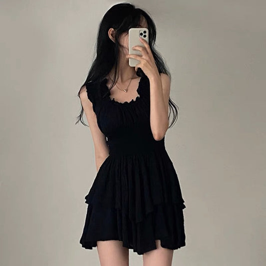 Korean chic summer retro foreign style U-neck wrinkle waist slimming sleeveless camisole dress skirt