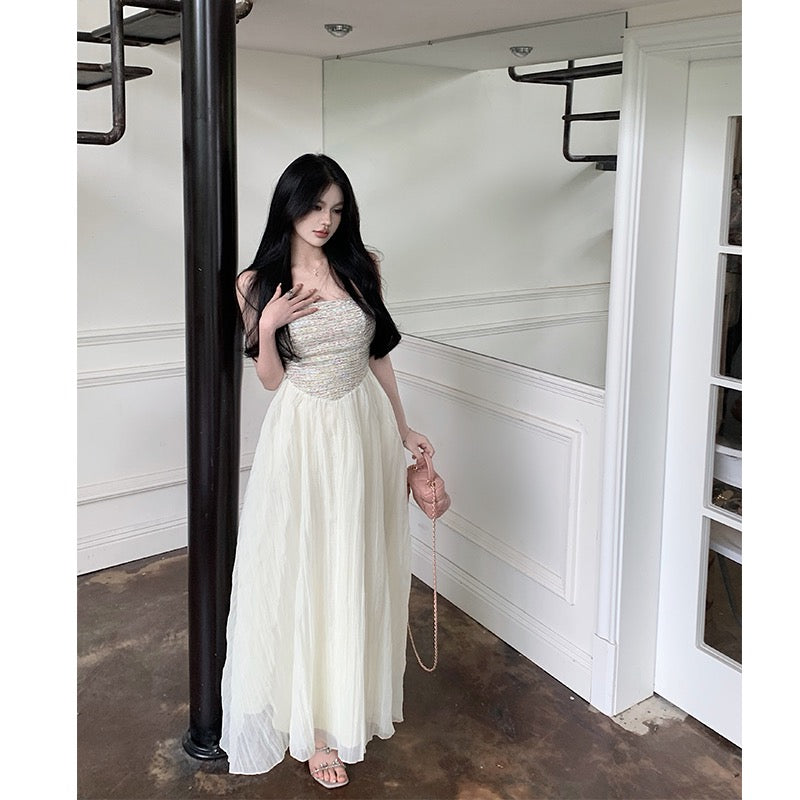 Dress women's small fragrance style woven sequin design sense tube top summer new pure desire temperament waist chiffon long skirt