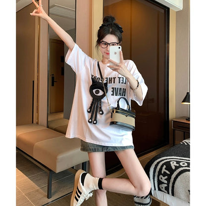 White front shoulder short-sleeved t-shirt women 2023 new summer American tide brand loose slim three-dimensional doll T-shirt tide