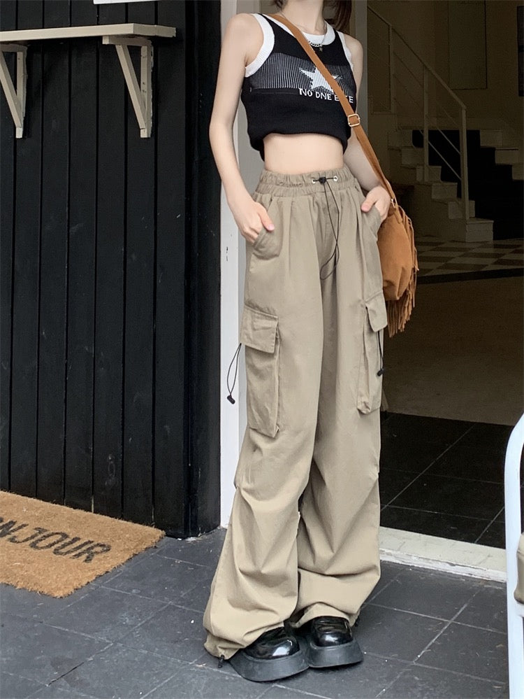 American retro drawstring tooling casual pants women's summer high street loose all-match straight wide-leg pants mopping trousers