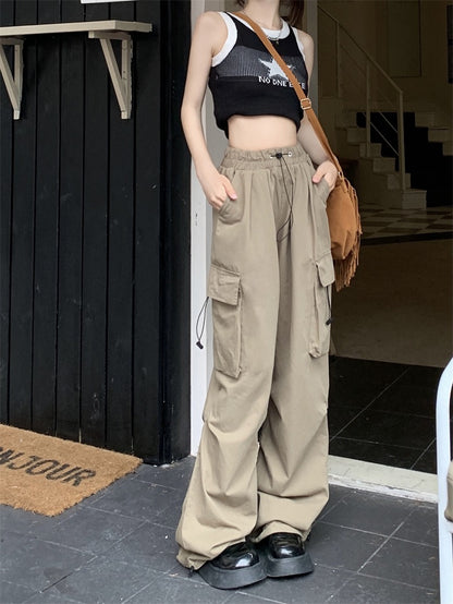 American retro drawstring tooling casual pants women's summer high street loose all-match straight wide-leg pants mopping trousers