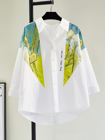 Printing and dyeing splicing white shirt female 2023 spring and summer new Korean fan art fan loose casual shirt thin coat cardigan