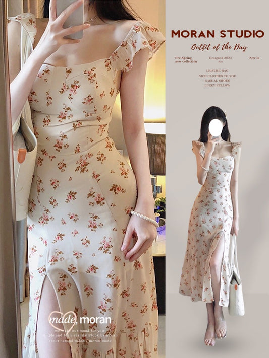 Sweet and spicy pure desire wind floral sling dress new summer French temperament seaside holiday slit chiffon dress