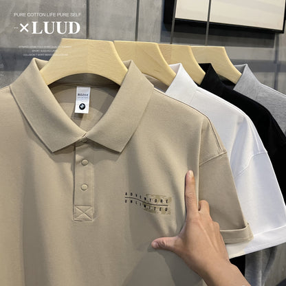 LUUD Trend Simple Coconut Leaf Print Loose Paul Shirt British Style Piqué Cotton Lapel POLO Shirt Men