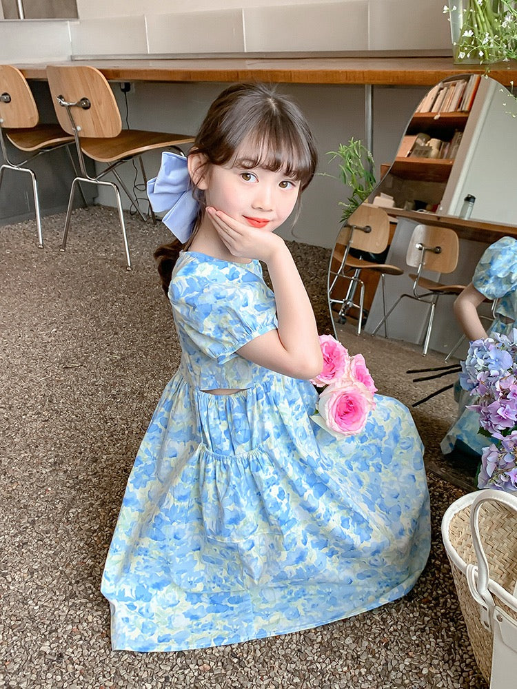 Girls summer dress 2023 new foreign style children's skirt summer little girl floral puff sleeve princess dress