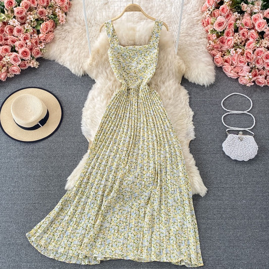 2023 Summer New French Floral Dress Sweet Fairy Suspender Long Skirt Holiday Knee Pleated Dress