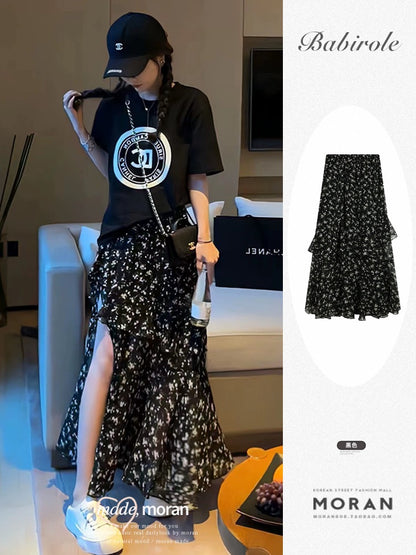 Floral chiffon skirt with black side slits looks thin and high waist A-line ruffled mid-length summer new suit