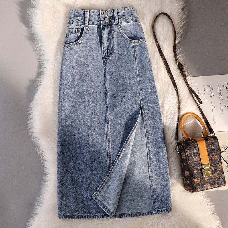 Small mid-length denim skirt women's summer new high waist hip-covering slimming side slit A-line bag hip skirt