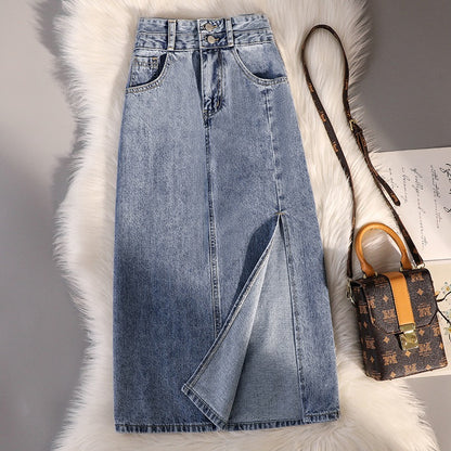 Small mid-length denim skirt women's summer new high waist hip-covering slimming side slit A-line bag hip skirt