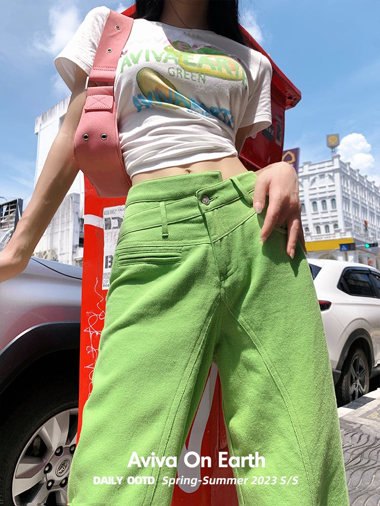 [Earth Shop] Avocado Green Asymmetric Slanted Front High Waist Slim Loose Straight Denim Trousers Women's Summer Versatile