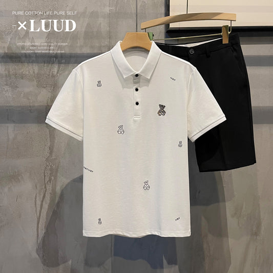 LUUD European Station Creative Bear Sticker Diamond Slim POLO Shirt Korean Style Casual Trend Short-sleeved Paul Top Men