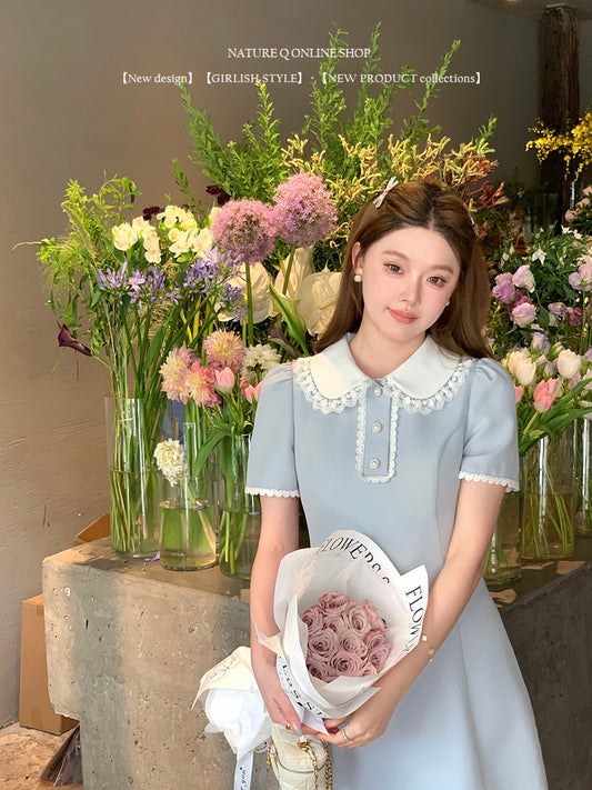 Yang Xiaojuan miu French Hepburn style hit color doll collar dress female summer temperament waist A word small black skirt