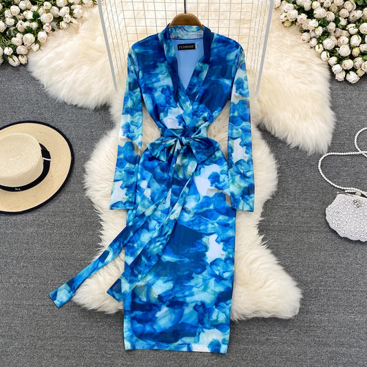Spring Feminine V-neck Slim Slim Long-sleeved Printed Hip Dress Light Cooking Style High Waist Long Skirt