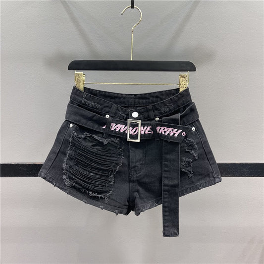 Beggar's hole hot girl denim shorts women's 2023 summer new style with long and thin A-line wide-leg hot pants